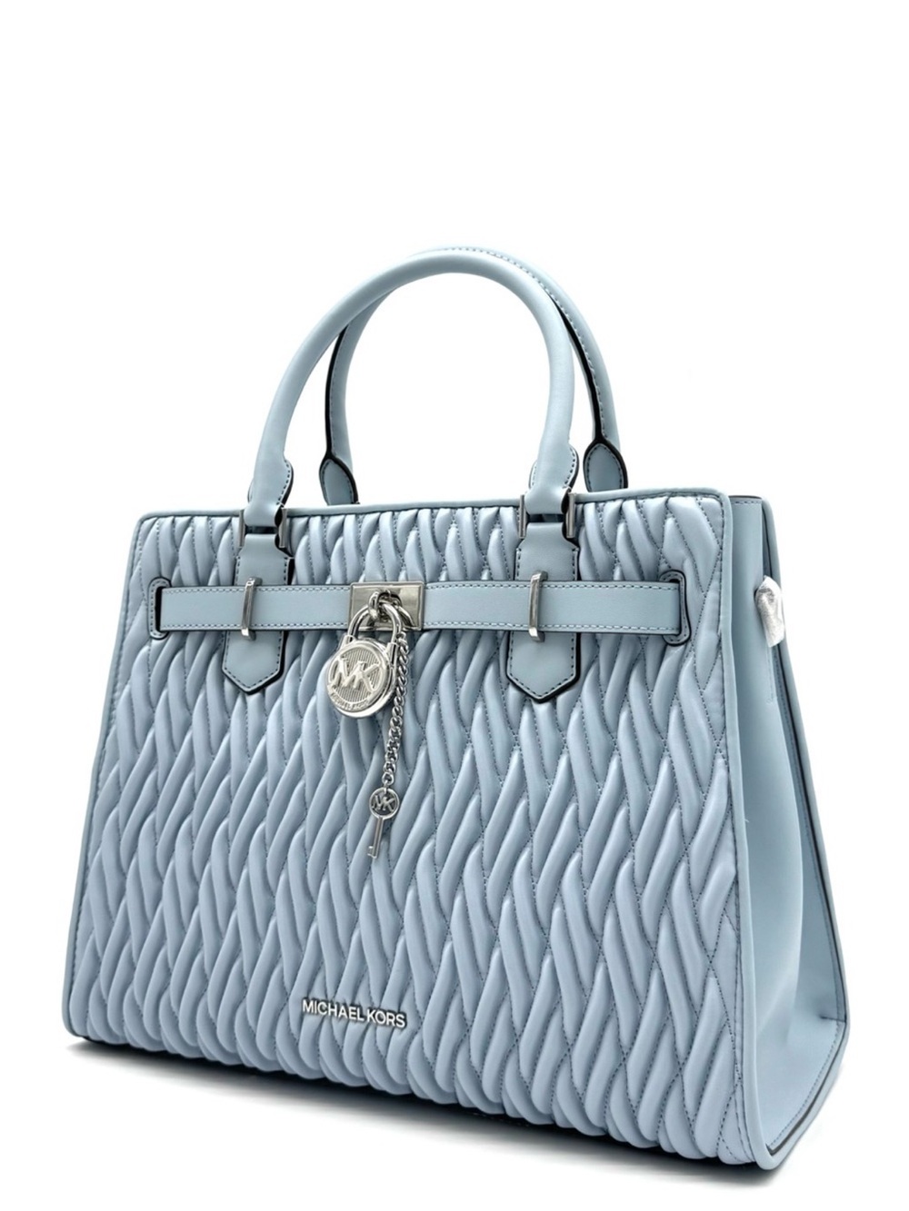 Michael Kors Hamilton Medium Matelassé Satchel Bag Pale Ocean - Picture 2 of 10